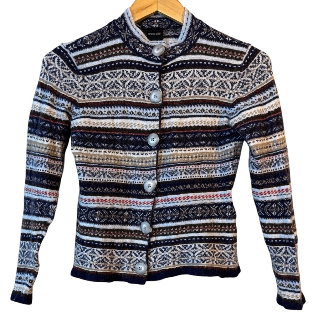Madeleine Wool Cashmere Blend Blue Pattered Button Cardigan | Women’s Size 6/8